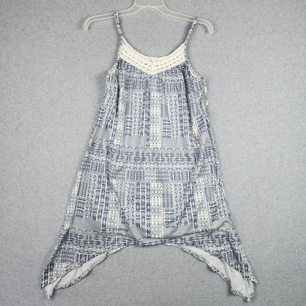 Three Pink Hearts Dress Womens Small Blue Geometric Boho Crochet Sharkbite Hem